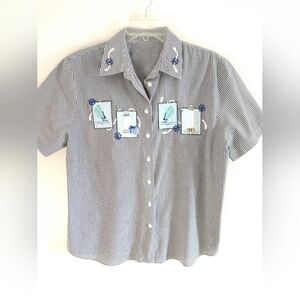 Adorable Vintage Embroidered Camp Shirt Gingham Sailing Mom Size Large Chest 40"